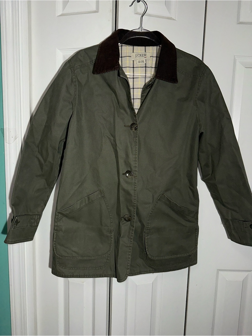 J.Crew Womens Barn Jacket Canvas Field Coat Chore Corduroy Collar Olive M AA24